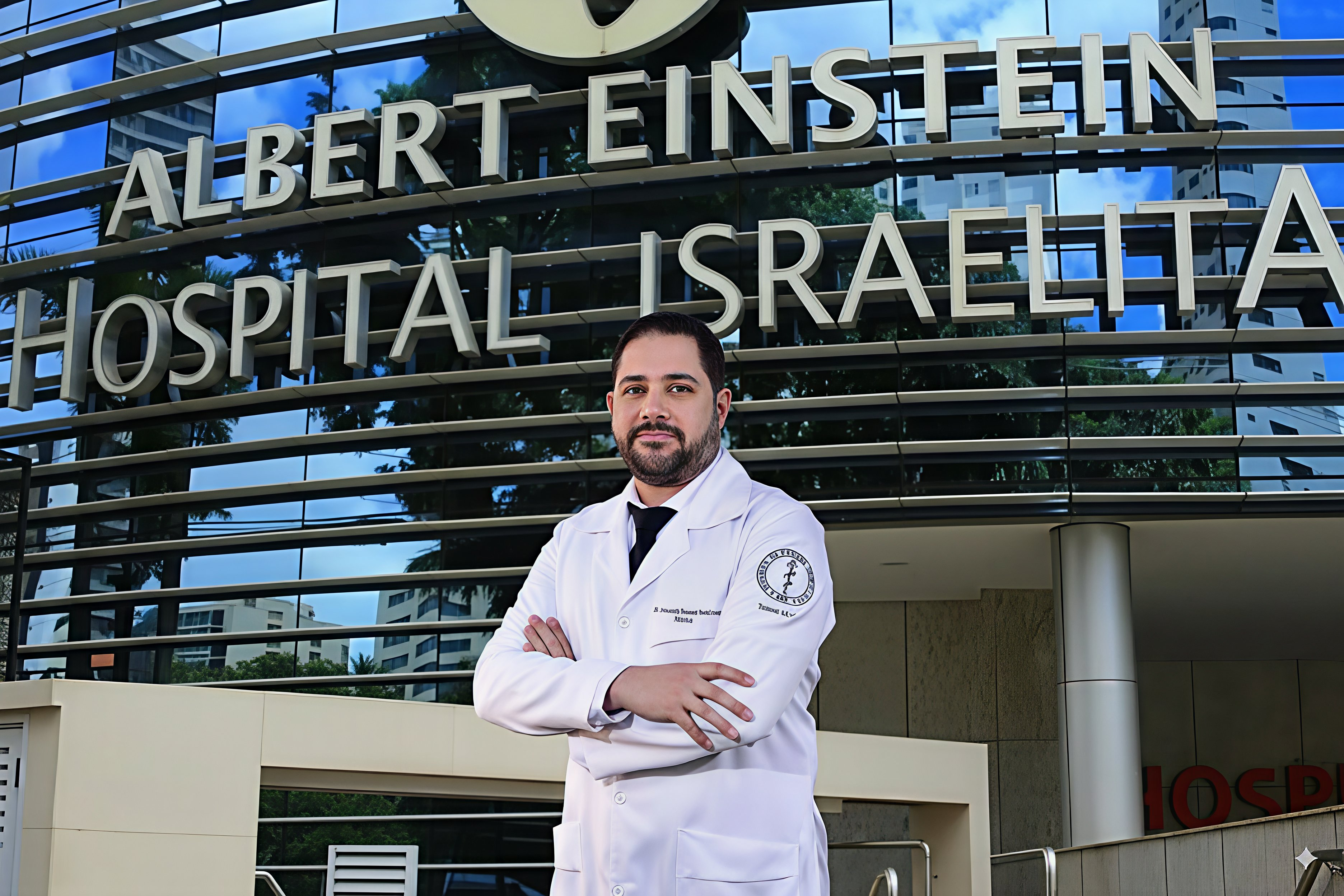 Dr. Leonardo Barreto em frente ao Hospital Israelita Albert Einstein